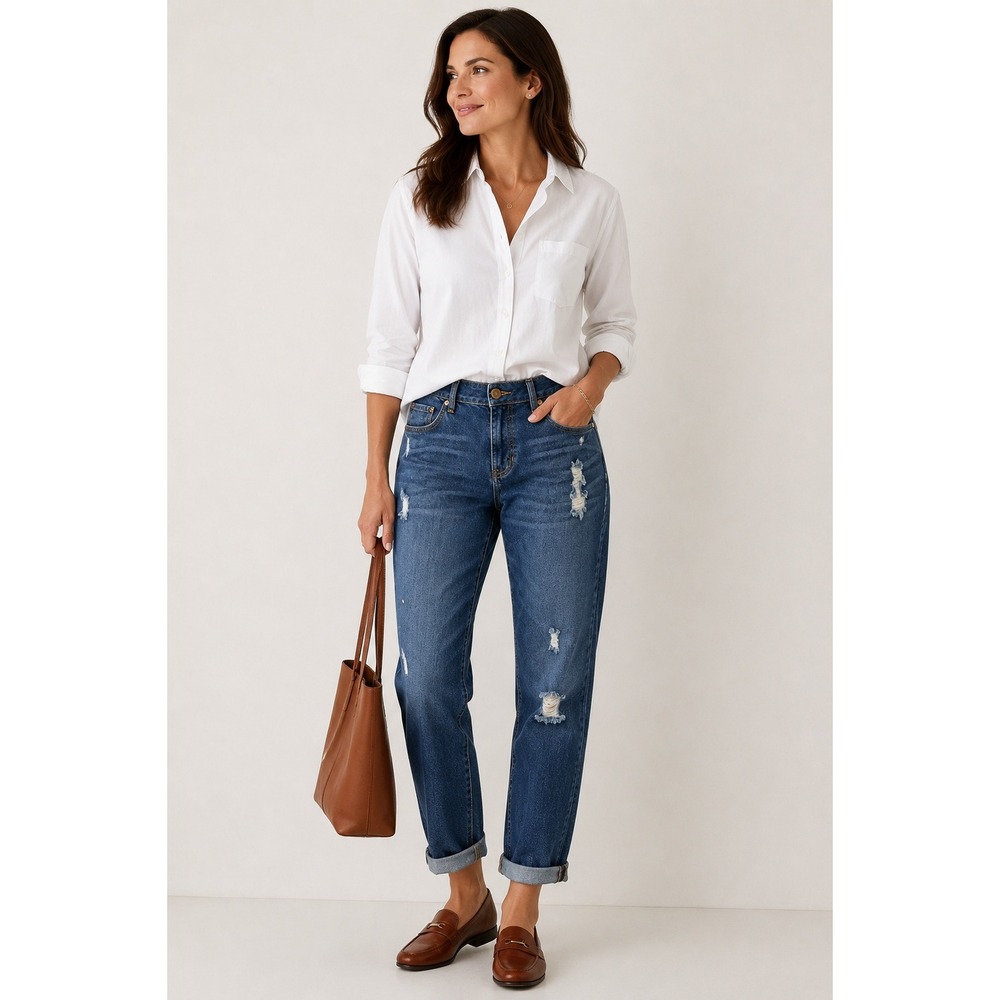 Cabi Slim Boyfriend Jeans‎ 3045 Medium Dark Wash Distressed Denim Womens Size 8